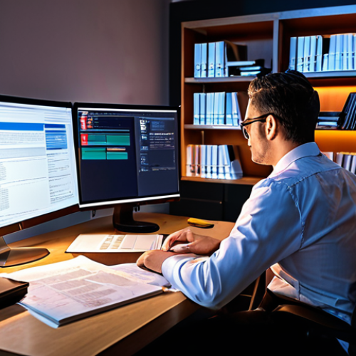 Home 7 **
A modern legal consultant working late in a home office, illuminated by the glow of multiple computer screens displaying complex legal documents and AI-powered analysis tools. Bookshelves overflow with law books in the background. A half-empty coffee cup sits on the desk, alongside a sleek project management software interface. The overall mood is busy but focused, showcasing the integration of technology and the demands of a modern legal practice.
**