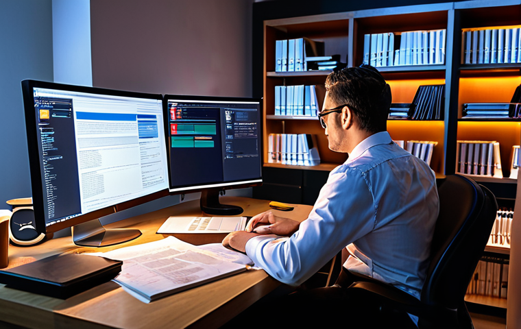 **
A modern legal consultant working late in a home office, illuminated by the glow of multiple computer screens displaying complex legal documents and AI-powered analysis tools. Bookshelves overflow with law books in the background. A half-empty coffee cup sits on the desk, alongside a sleek project management software interface. The overall mood is busy but focused, showcasing the integration of technology and the demands of a modern legal practice.
**