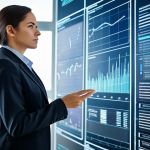 A professional female legal expert in a modest business suit, standing in a sleek, modern law office. She is thoughtfully interacting with a large, transparent digital display showing complex legal data visualizations, semantic search results, and predictive analytics insights. The environment is clean, bright, and futuristic, emphasizing advanced technology assisting sophisticated legal work. The focus is on innovation and clarity. fully clothed, appropriate attire, safe for work, perfect anatomy, natural proportions, professional photography, high quality, professional dress, well-formed hands, proper finger count, natural body proportions, appropriate content.