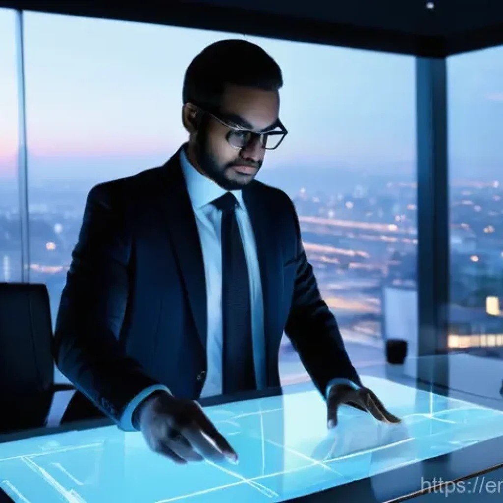 법률 실무에서의 기술적 진보 - **Prompt:** A dynamic, high-tech depiction of a male lawyer in his mid-40s, dressed in a tailored bu...