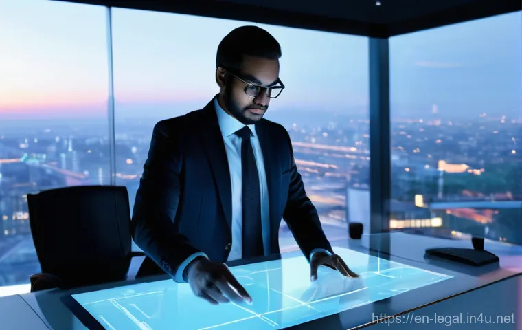 법률 실무에서의 기술적 진보 - **Prompt:** A dynamic, high-tech depiction of a male lawyer in his mid-40s, dressed in a tailored bu...