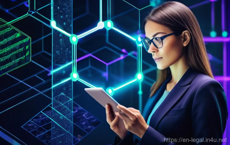 법률 실무에서의 기술적 진보 - **Prompt:** A dynamic, high-tech depiction of a male lawyer in his mid-40s, dressed in a tailored bu...