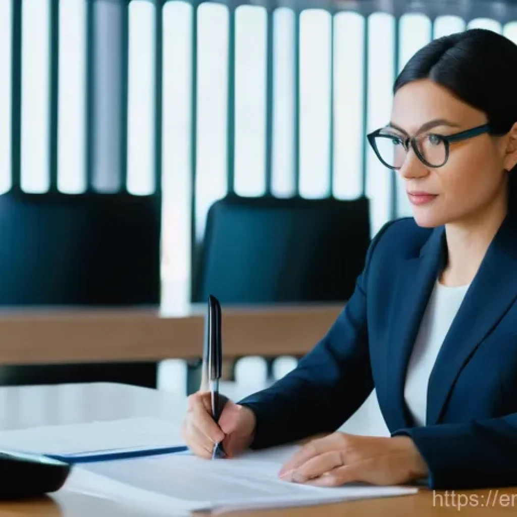 법률자문가의 경력 개발 체크리스트 - A highly respected female legal expert in her late 30s, dressed in a sharp, tailored business suit, ...