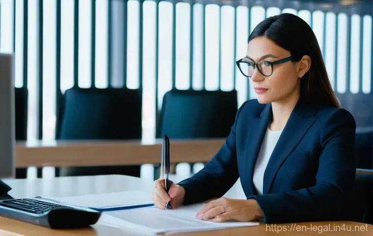 법률자문가의 경력 개발 체크리스트 - A highly respected female legal expert in her late 30s, dressed in a sharp, tailored business suit, ...