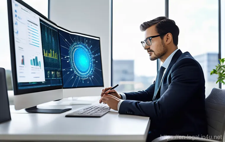 법률 자문가의 고급 기술 교육 - **Digital Transformation in Law Office:** A sophisticated female lawyer, approximately 30-40 years o...