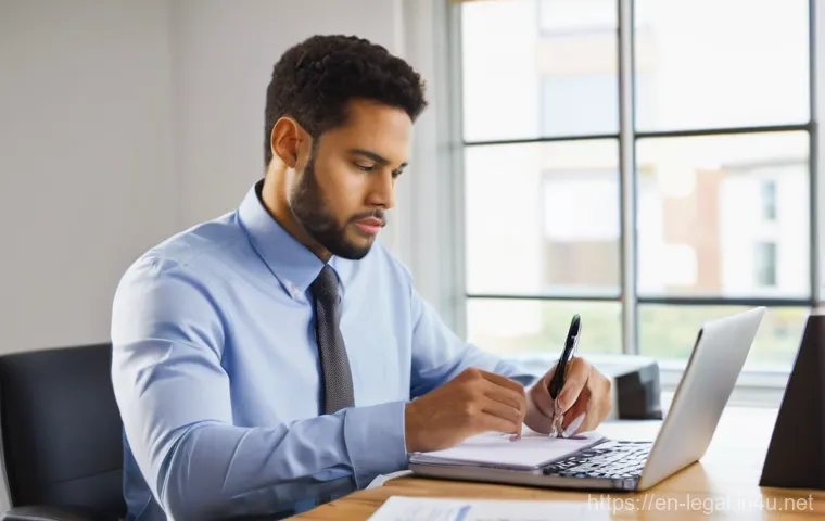 법률 자문가의 법률 상담 노하우 - **Prompt 1: The Diligent Preparer**
    A focused, diverse individual, aged 30s-40s, dressed in smar...