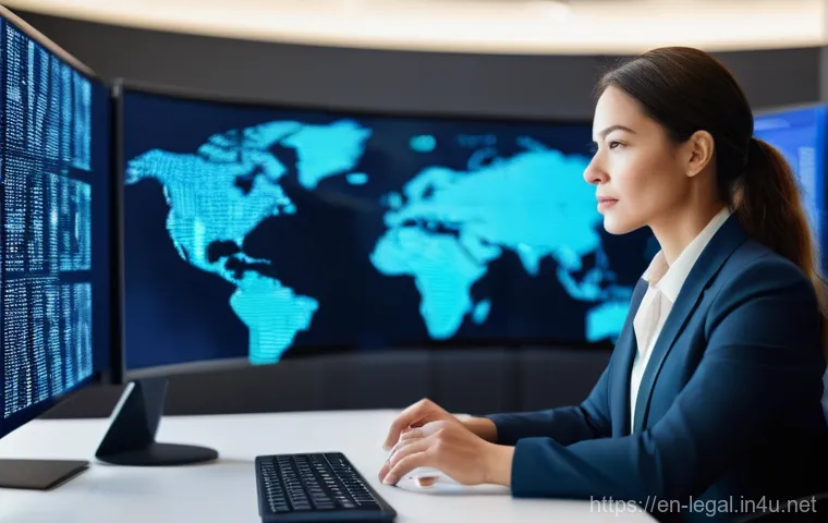 법률자문가 실무 역량 강화 - A focused female lawyer in her late 30s, professionally dressed in a modern business suit, sits at a...