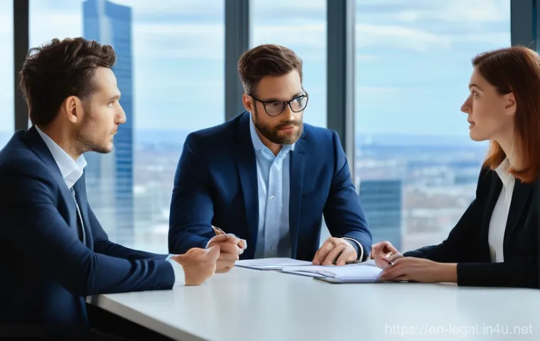 법률자문가 실무 역량 강화 - A compassionate male lawyer in his mid-40s, dressed in a tailored blazer, is actively engaging with ...