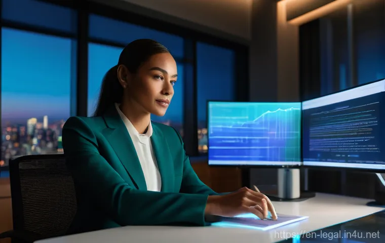 법률 자문가의 전문 지식 강화법 - **Digital Legal Frontier: AI-Powered Research in a Modern Law Firm**
    A wide-angle, cinematic sho...