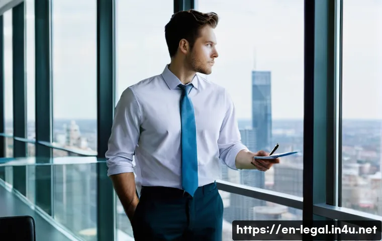 법률 이직 준비 과정 - **Prompt:** A person in their late 30s or early 40s, dressed in smart, contemporary business attire ...