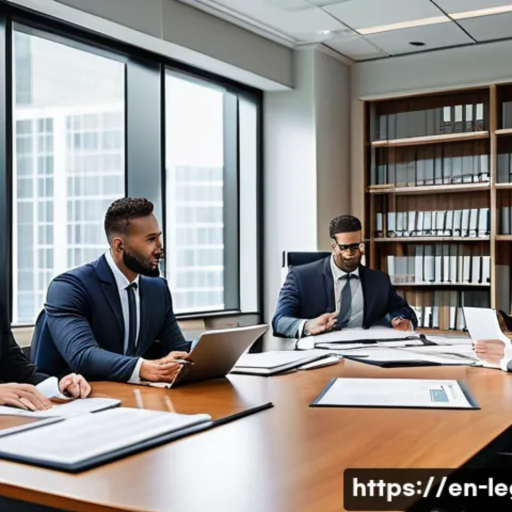 법률자문가의 법률 분석 방법 - A modern law office scene showing a diverse team of professional lawyers and paralegals intensely co...