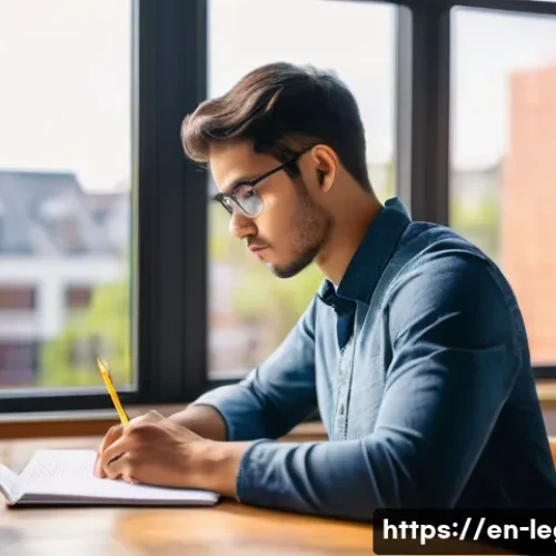 법률 자문가의 자격 시험 - A focused law student sitting at a modern wooden desk in a bright, cozy home office, surrounded by o...