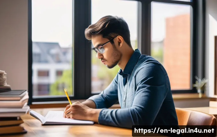 법률 자문가의 자격 시험 - A focused law student sitting at a modern wooden desk in a bright, cozy home office, surrounded by o...