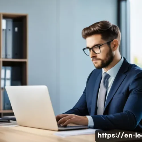 법률 자문가의 시간 관리 - A modern, well-lit law office workspace featuring a focused lawyer sitting at a clean, clutter-free ...