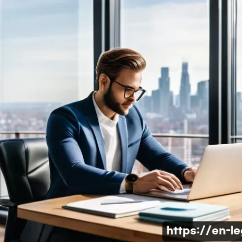 법률 자문가의 직무 만족도 조사 - A modern legal advisor working from a stylish home office with a large window showing a city skyline...