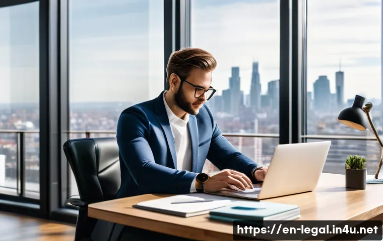 법률 자문가의 직무 만족도 조사 - A modern legal advisor working from a stylish home office with a large window showing a city skyline...