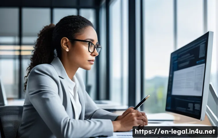 법률 자문가의 법적 대응 - A professional corporate legal advisor in a modern office setting, attentively analyzing complex con...