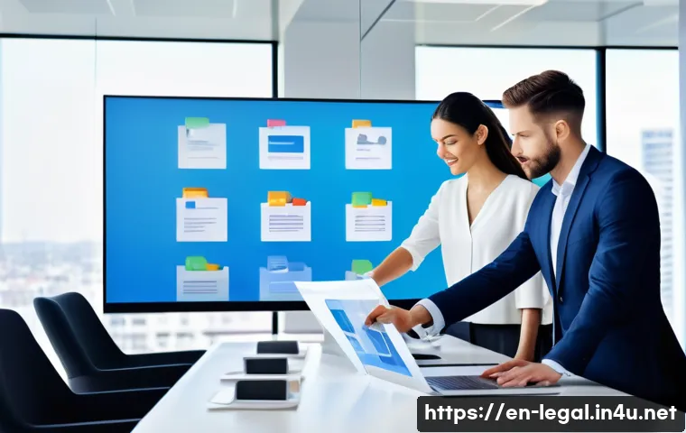 법률 자문가의 직무 효율화 방법 - A modern law office scene showing diverse legal professionals collaborating around a large digital t...