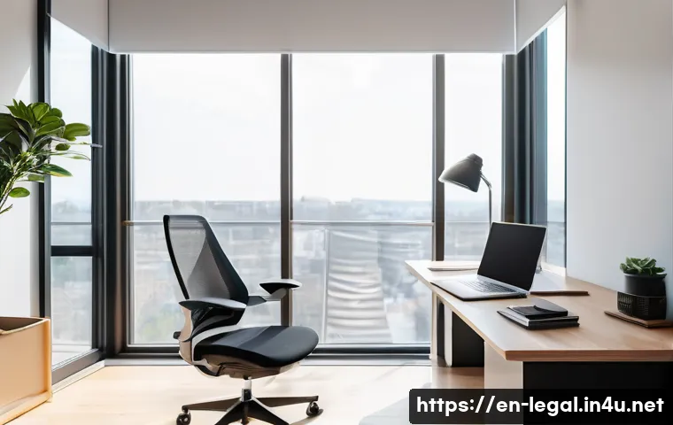법률 자문가의 업무 집중력 향상 - A modern, minimalist legal consultant’s workspace bathed in natural sunlight from a large window, fe...