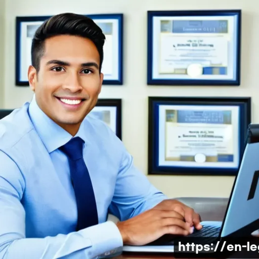 법률 자문가의 자격증 취득 현황 - A professional office scene showing a confident legal advisor seated at a sleek desk with multiple c...