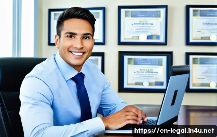 법률 자문가의 자격증 취득 현황 - A professional office scene showing a confident legal advisor seated at a sleek desk with multiple c...