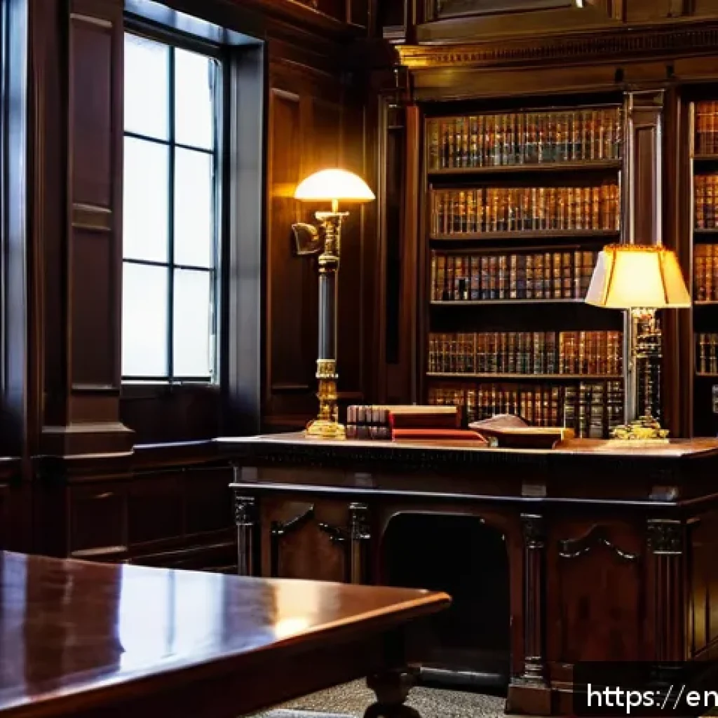 법률 실무를 위한 필수 도서 목록 - A sophisticated law library interior featuring tall wooden bookshelves filled with classic legal tre...