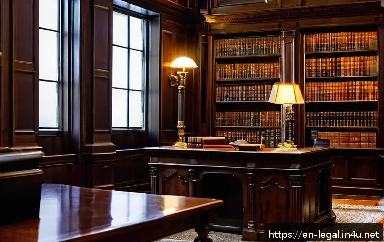 법률 실무를 위한 필수 도서 목록 - A sophisticated law library interior featuring tall wooden bookshelves filled with classic legal tre...