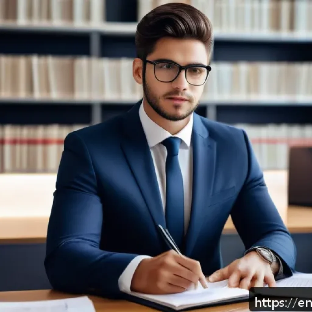 법률자문가의 연차별 커리어 개발 - A professional young lawyer in a modern office environment, confidently reviewing legal documents on...