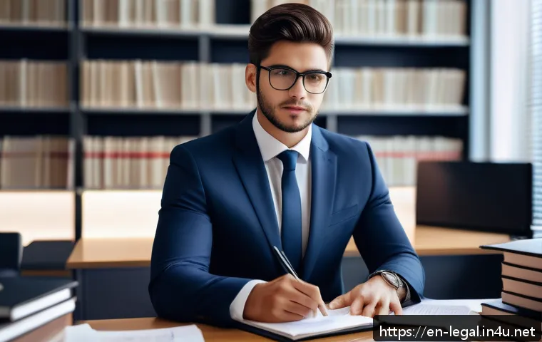 법률자문가의 연차별 커리어 개발 - A professional young lawyer in a modern office environment, confidently reviewing legal documents on...