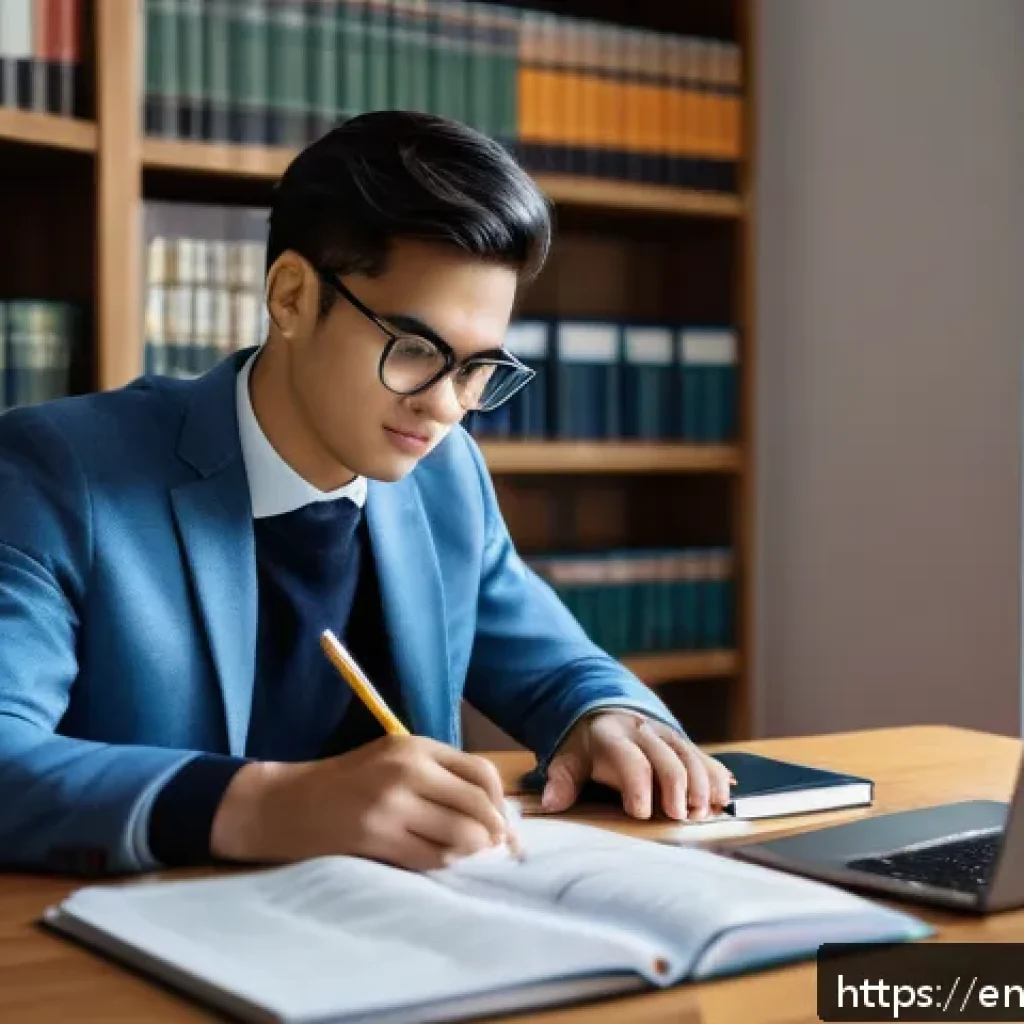 법률 자격증 취득 과정 - A modern law student studying in a bright, organized home office filled with legal textbooks, a lapt...