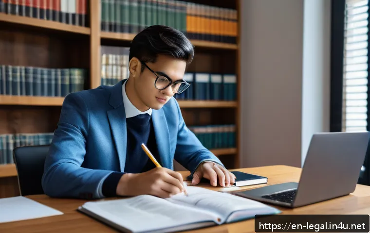 법률 자격증 취득 과정 - A modern law student studying in a bright, organized home office filled with legal textbooks, a lapt...