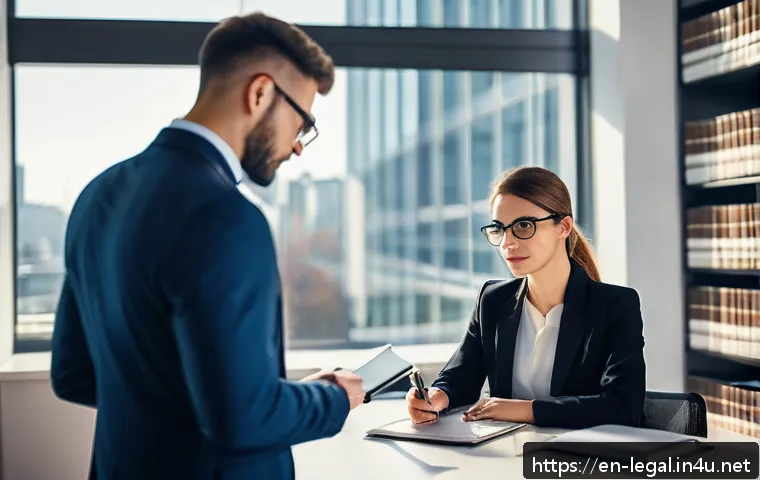 법률 실무 경험 쌓는 법 - A professional legal office scene showing a diverse young lawyer attentively engaging with a client ...