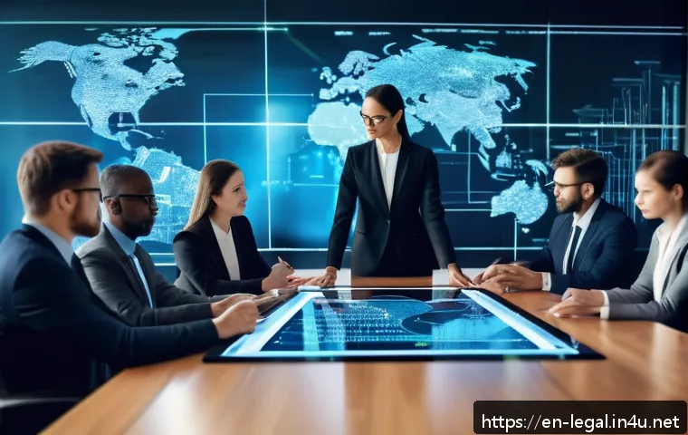 법률자문가로서의 지속적인 발전 - A modern law office scene showcasing a diverse group of professional lawyers collaborating around a ...
