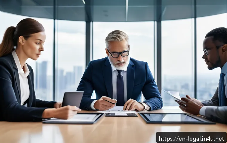 법률 자문가 직무 설명 - A modern corporate office scene showing a diverse group of professional legal advisors and business ...