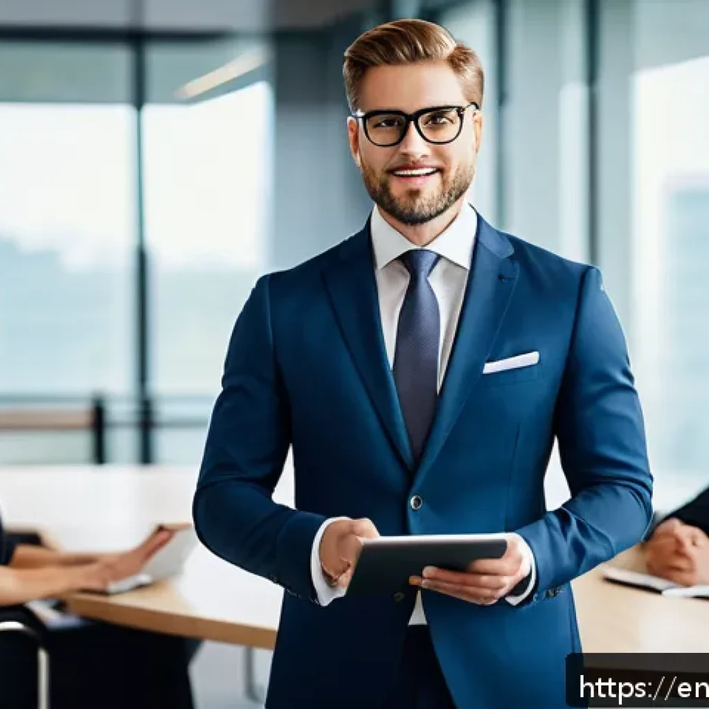 법률자문가의 커리어 관리 - A professional lawyer in a modern office setting, confidently presenting a unique value proposition ...