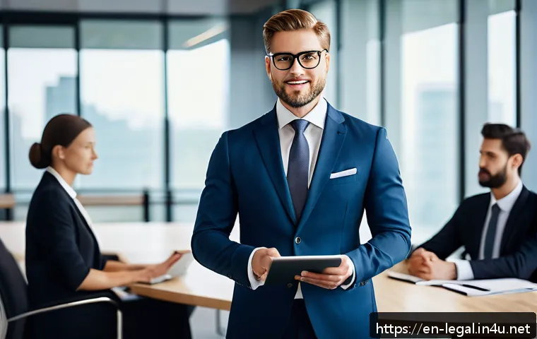 법률자문가의 커리어 관리 - A professional lawyer in a modern office setting, confidently presenting a unique value proposition ...