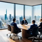 법률 자문가의 문제 해결 기법 - A modern law office scene showing a diverse group of professional lawyers gathered around a large co...