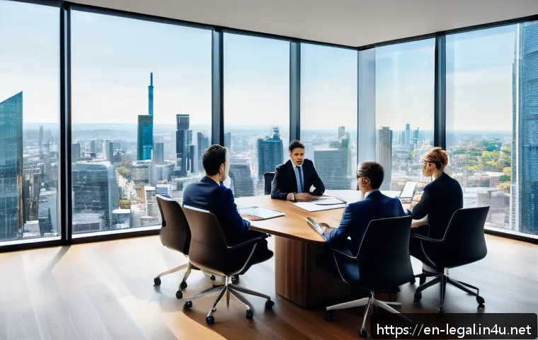 법률 자문가의 문제 해결 기법 - A modern law office scene showing a diverse group of professional lawyers gathered around a large co...