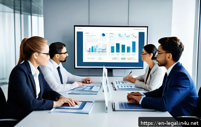 법률 자문가의 법률 검토 방법 - A professional law office scene featuring a diverse group of lawyers intensely analyzing case docume...