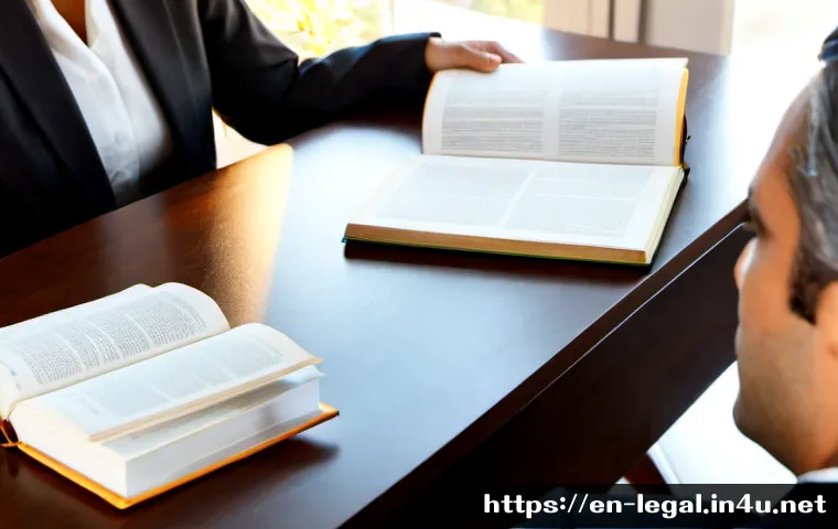 Home 15 법률 자문가의 자기계발 방법 - Photorealistic scene of a mid-career legal advisor in a tailored business suit studying professional...