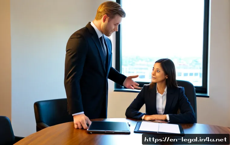법률 자문가의 실무적 접근법 - Photorealistic legal advisor in a tailored business suit meeting a small-business owner across a cle...